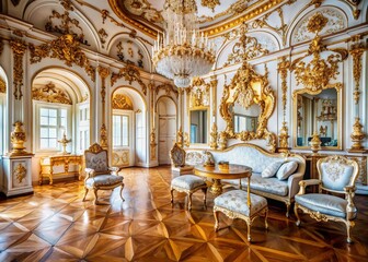 Obraz premium Luxurious Baroque Style Interior: Elegant White Hall with Classic Furniture and Opulent Decor for a Regal Atmosphere