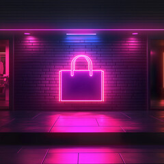 Neon pink shopping bag purse illuminated sign on brick wall cyber Monday black Friday online concept