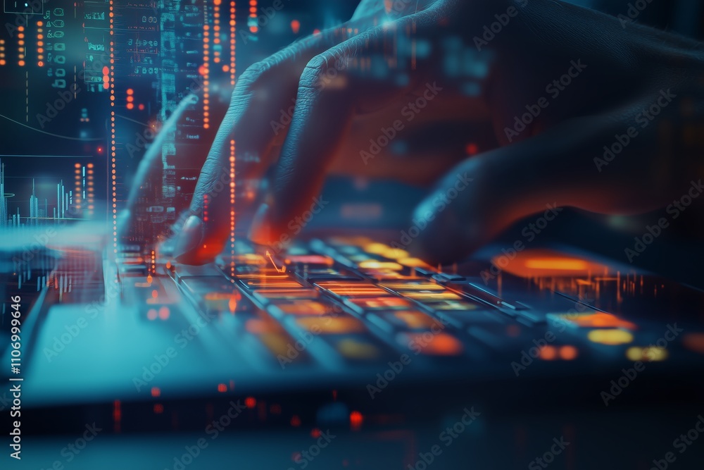Poster entrepreneur analyzing financial sales data and growth charts using a modern computer and virtual ca