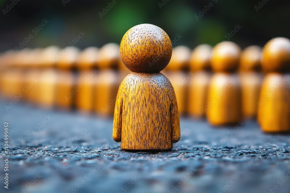 Poster wooden figurines in a row with one distinct character in focus against a green background