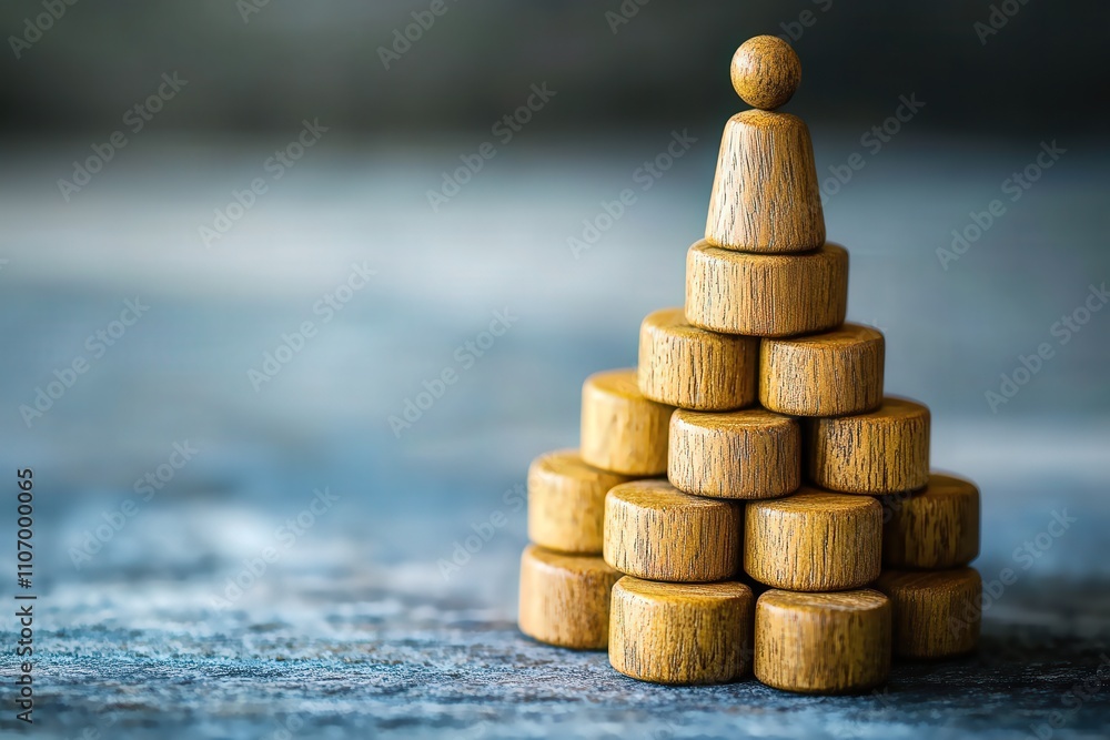 Poster wooden game pieces stacked in a pyramid structure on a rustic background