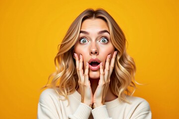 Beautiful young woman in white sweater reacting with amazement and joy on vibrant orange backdrop