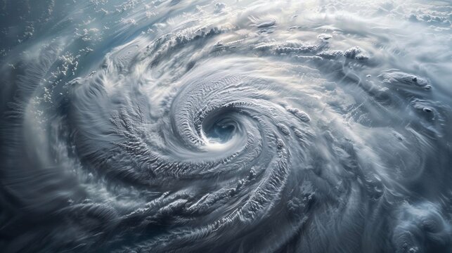 A large anticyclone spirals above, showing its powerful clouds and turbulent winds