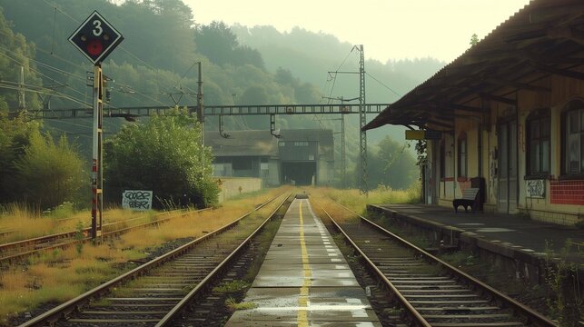Overgrown railway tracks stretch through an abandoned station under a misty morning sky - Powered by Adobe