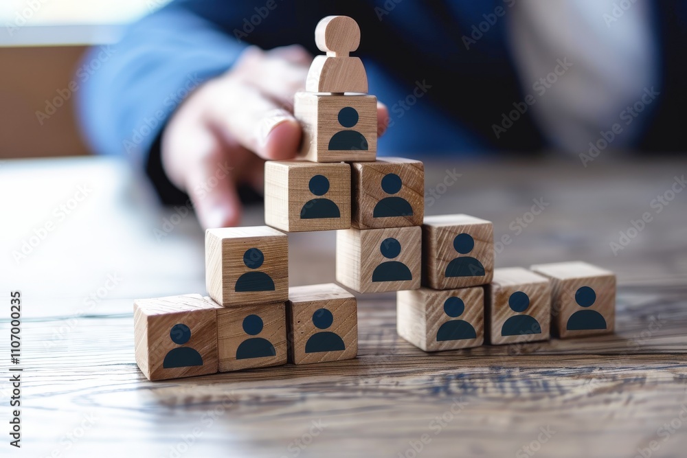 Poster wooden block pyramid with person figure representing team structure and collaboration concept