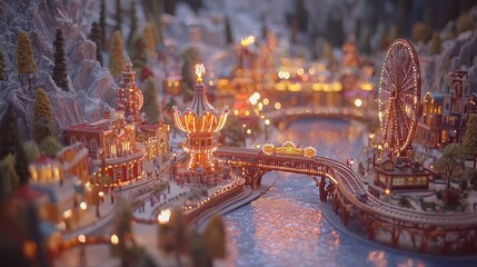 Obraz premium Illuminated Miniature Model of a City with a Ferris Wheel and a River