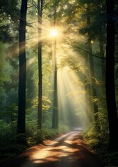 Fototapeta premium Light Stream Through Trees with Distant Woodland in Fantasy World Photo-Realism