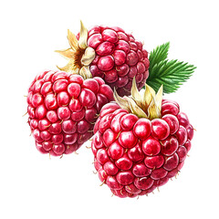 Watercolor Illustration of Three Ripe Raspberries with Green Leaves
