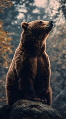 Obraz premium A majestic bear sits on a rock, gazing thoughtfully into the distance amidst a forest.