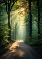 Obraz premium Light Stream Through Trees with Distant Woodland in Fantasy World Photo-Realism