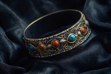 Fototapeta premium Close up of an antique gold bracelet adorned with turquoise, carnelian, and other gemstones, resting on a luxurious black velvet background