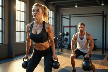 Focused athletic couple lifting kettlebells during a strength training session