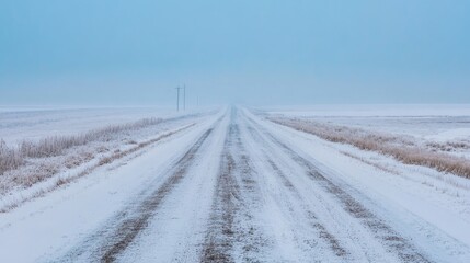 Obraz premium Long, empty road with snow on the ground. The sky is cloudy and the sun is not visible