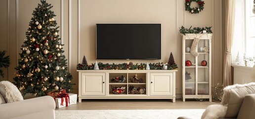 Cozy living room decorated for the holidays with a tree and TV.