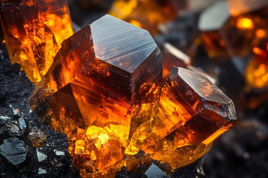 Macro photograph showcasing sphalerite crystals, highlighting their vibrant orange hues and intricate geometric formations