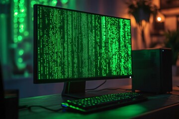 Green code running on computer monitor in dark room, suggesting hacking or programming activity
