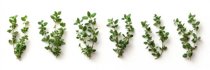 Seven Sprigs of Fresh Thyme Arranged Horizontally on a White Background
