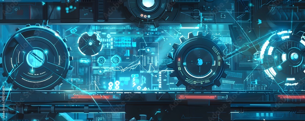Poster futuristic technological gears and digital interface display