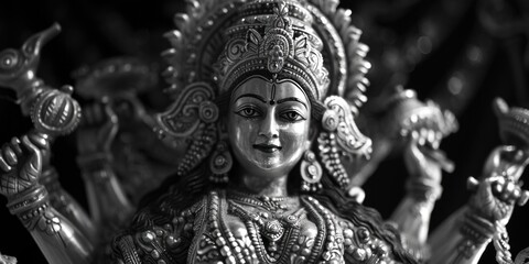 Statue of a goddess with a gold headdress and a silver body. The statue is black and white