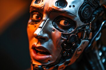 Close up of a cyborg with visible mechanical parts and a human like face expressing intense emotion