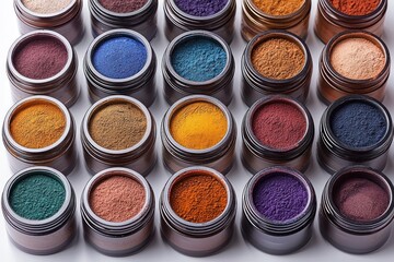 Naklejka premium Collection of Colorful Powder Pigments in Glass Jars