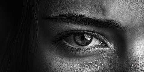 Naklejka premium Woman's eye is shown in a black and white photo. The eye is surrounded by a blurry background, which emphasizes the focus on the eye itself. The photo has a moody and dramatic feel