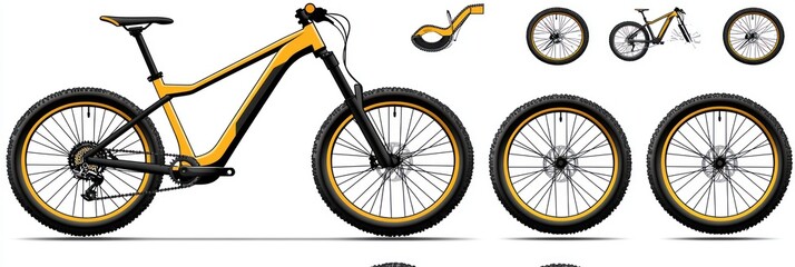 Yellow and Black Mountain Bike with Four Views of Wheels