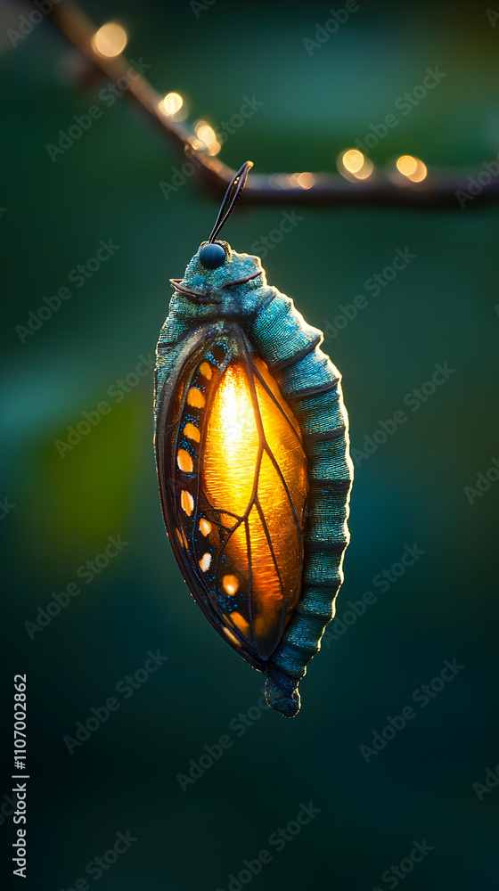 Poster a close-up of a chrysalis hanging on a branch, illuminated by soft light.