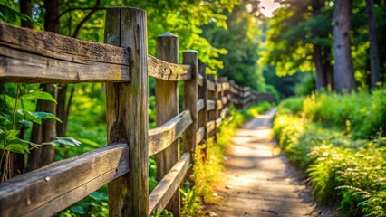 Macro Photography of a Rustic Wooden Fence Defining Private Property, Isolated from a Nearby Walking Path, Showcasing Natural Textures and Scenic Surroundings