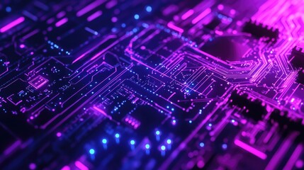 Computer chip with purple and blue lights is displayed in the image. The chip is a representation of a computer chip, and the lights are meant to give it a futuristic and technological feel