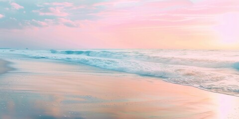 Fototapeta premium The beach is a serene and picturesque location with a calm ocean and a beautiful pink and blue sky. The water is still and the sky is a soft, pastel color that creates a peaceful atmosphere