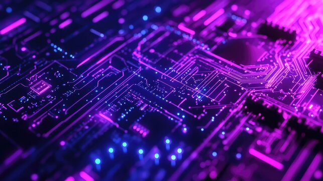 Computer chip with purple and blue lights is displayed in the image. The chip is a representation of a computer chip, and the lights are meant to give it a futuristic and technological feel