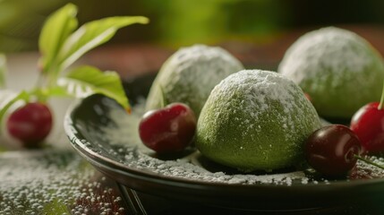 Three small green pastries with powdered sugar on top, one of which has a cherry on top. The cherry is surrounded by powdered sugar, giving the dish a festive and elegant appearance