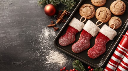 Baking tray filled with warm Christmas stocking-shaped snickerdoodles, sprinkled with cinnamon sugar, surrounded by holiday baking ingredients