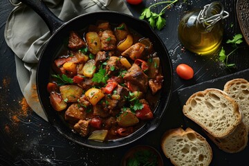 Black pan with a stew of meat and vegetables sits on a table with bread and a bottle of oil