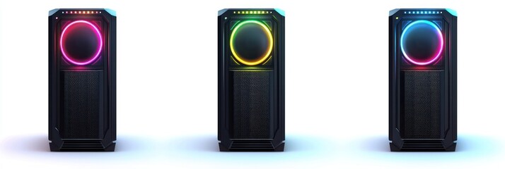 Three Black Gaming PC Towers with RGB Lighting