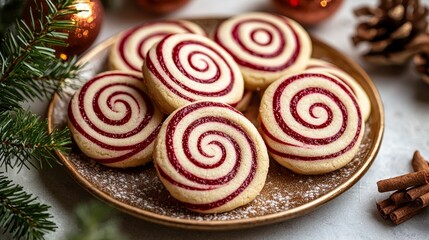 Beautifully arranged peppermint swirl cookies with vibrant red and white stripes, styled on a festive table for holiday baking inspiration