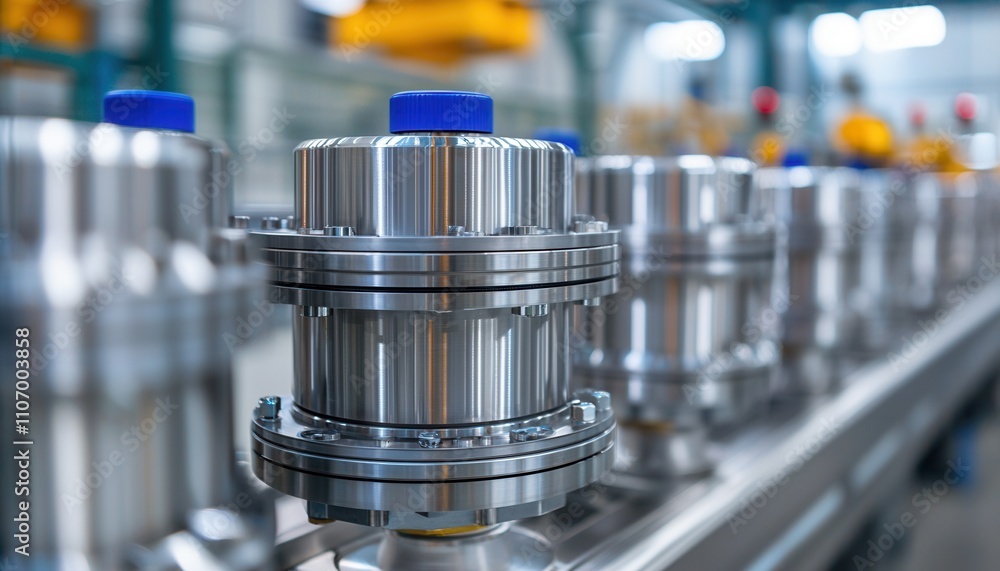Poster a close-up of metallic industrial components lined up in a factory setting, showcasing precision eng