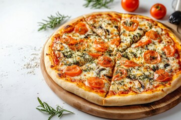 Sliced pizza with pepperoni, tomatoes, mozzarella cheese, mushrooms, and herbs on a wooden board, creating a tempting culinary scene