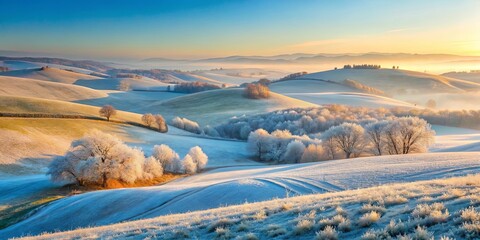 Serene Winter Landscape Frost-Covered Trees and Rolling Hills at Sunrise