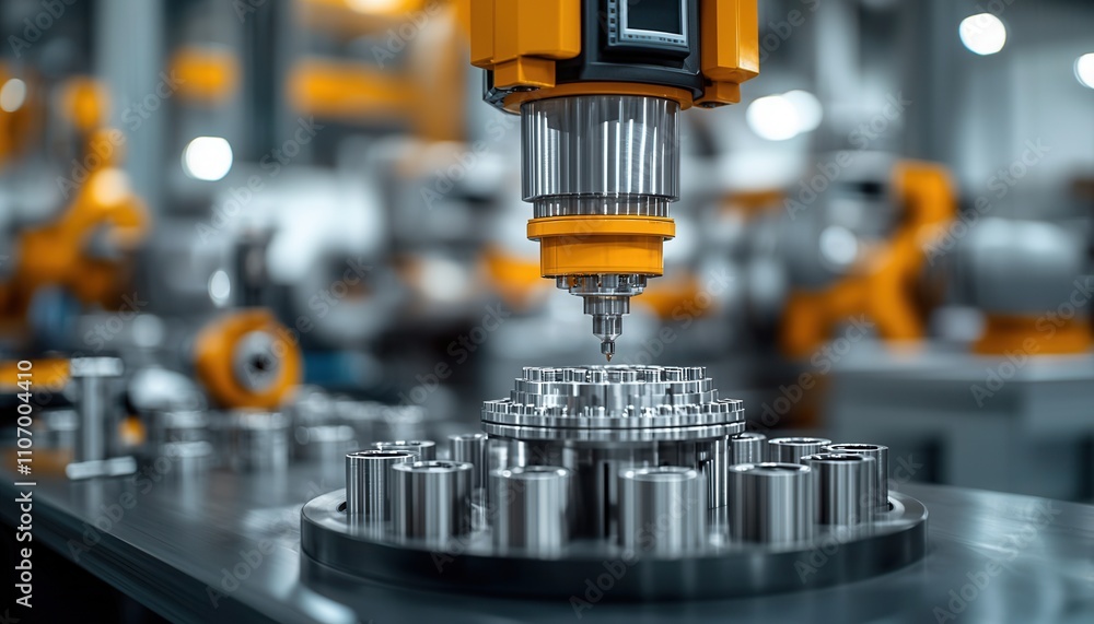 Poster a robotic arm is precisely machining a metallic component in a modern industrial setting, showcasing
