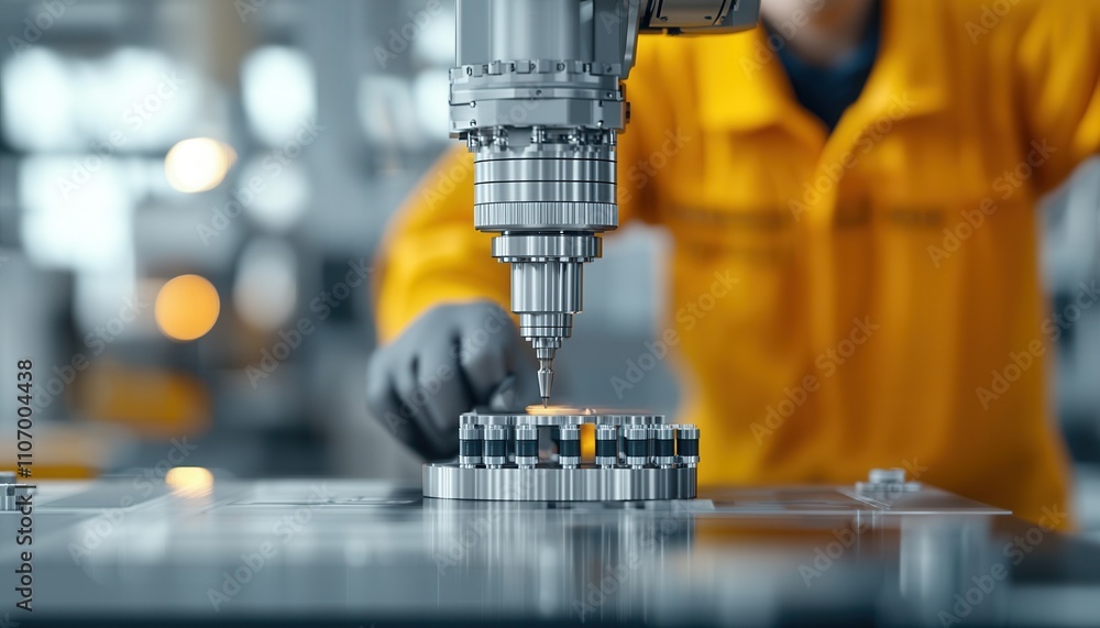 Poster a worker in a yellow jacket operates a precise machine tool on a metal component in an industrial se