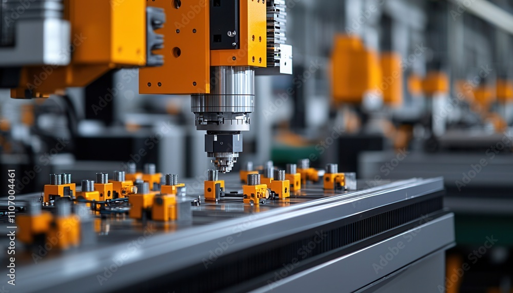 Poster a close-up view of an industrial machine with orange components, showcasing precision manufacturing 