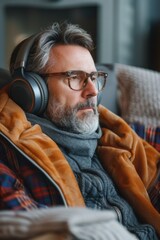 Obraz premium Man wearing glasses and headphones is sitting on a couch. He is wearing a brown jacket and a gray scarf