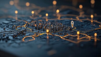 A close-up view of a city map with illuminated pathways and a pinpoint location, emphasizing connectivity and navigation in a digital context.