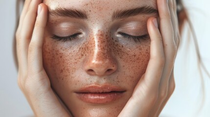 Naklejka premium Woman with a face full of freckles is holding her hands over her face. Concept of vulnerability and introspection, as the woman is contemplating something or trying to hide her emotions
