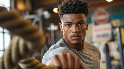 Fototapeta premium A young man intensely workouts with battle ropes in a bright gym, showing determination and strength.
