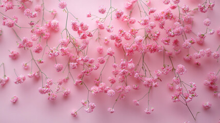 Fototapeta premium Pink flowers spread across a soft pink background create a vibrant, delicate scene