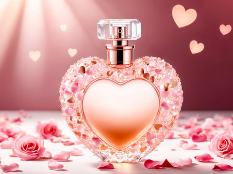 Heart-Shaped Perfume Bottle with Roses and Petals.