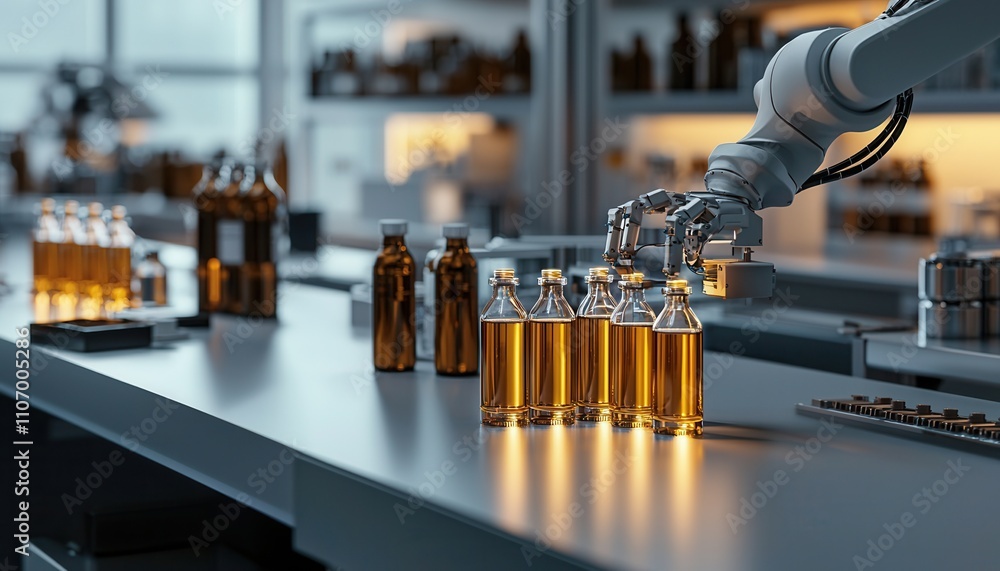 Poster a robotic arm is organizing glass bottles filled with a golden liquid on a lab table, showcasing aut